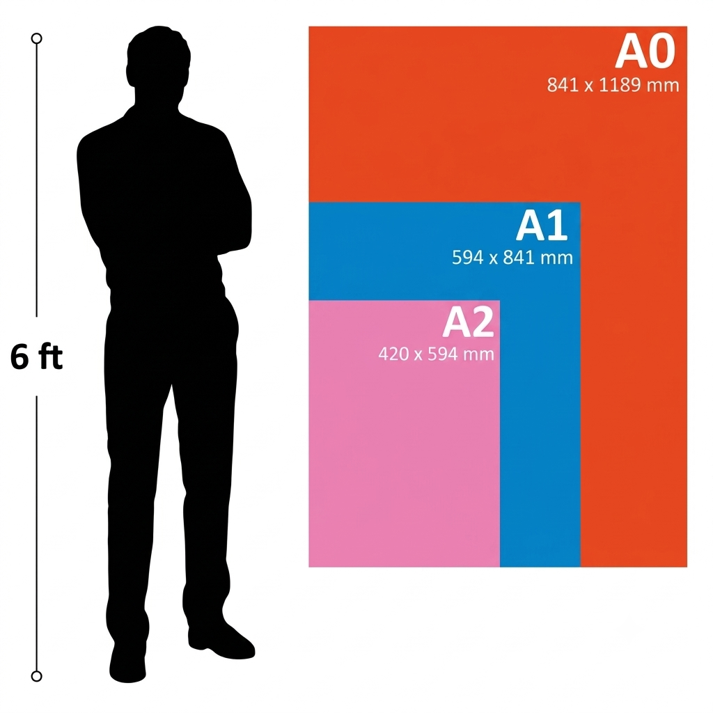 A0, A1 and A2 artwork sizes compared with a six-foot person