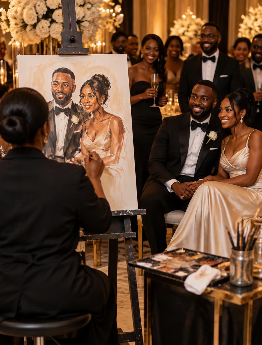 A live artist painting a couple as wedding guests watch